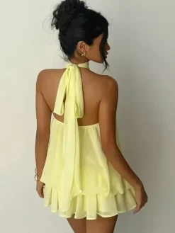 Halter Bubble Mini Dress For Women - Elegant Pleated Backless Loose Fit Chiffon Skater Dress - Summer Beach Vacation 2026