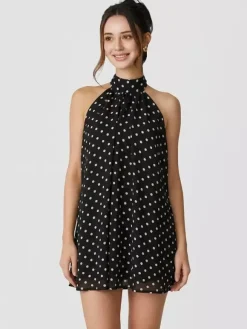 Halter Bubble Mini Dress For Women - Elegant Pleated Backless Loose Fit Chiffon Skater Dress - Summer Beach Vacation 2026