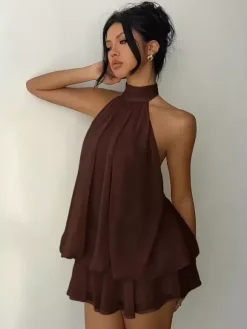 Halter Bubble Mini Dress For Women - Elegant Pleated Backless Loose Fit Chiffon Skater Dress - Summer Beach Vacation 2026