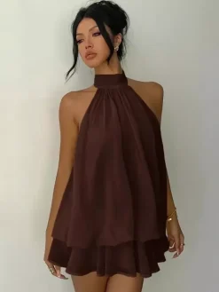 Halter Bubble Mini Dress For Women - Elegant Pleated Backless Loose Fit Chiffon Skater Dress - Summer Beach Vacation 2026