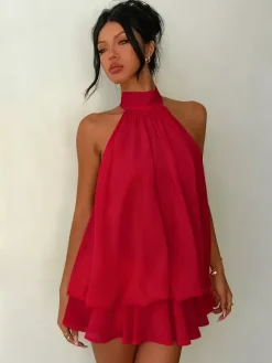 Halter Bubble Mini Dress For Women - Elegant Pleated Backless Loose Fit Chiffon Skater Dress - Summer Beach Vacation 2026