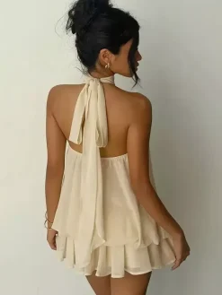 Halter Bubble Mini Dress For Women - Elegant Pleated Backless Loose Fit Chiffon Skater Dress - Summer Beach Vacation 2026