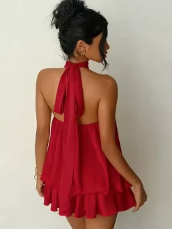 Halter Bubble Mini Dress For Women - Elegant Pleated Backless Loose Fit Chiffon Skater Dress - Summer Beach Vacation 2026