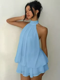 Halter Bubble Mini Dress For Women - Elegant Pleated Backless Loose Fit Chiffon Skater Dress - Summer Beach Vacation 2026