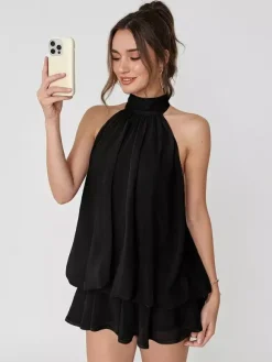 Halter Bubble Mini Dress For Women - Elegant Pleated Backless Loose Fit Chiffon Skater Dress - Summer Beach Vacation 2026