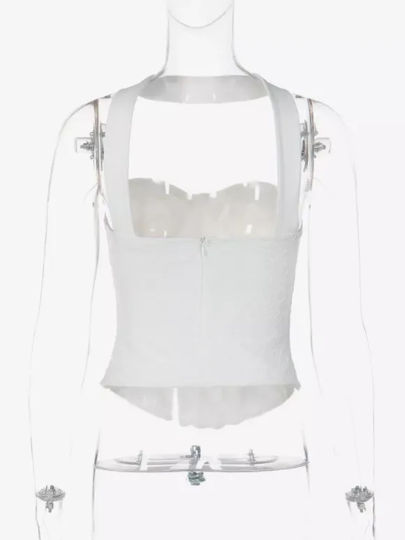 Halter Choker Sweetheart Lace Corset Top Sheer Mesh Boned Bustier Crop Top
