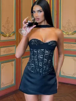Halter Choker Sweetheart Lace Corset Top Sheer Mesh Boned Bustier Crop Top