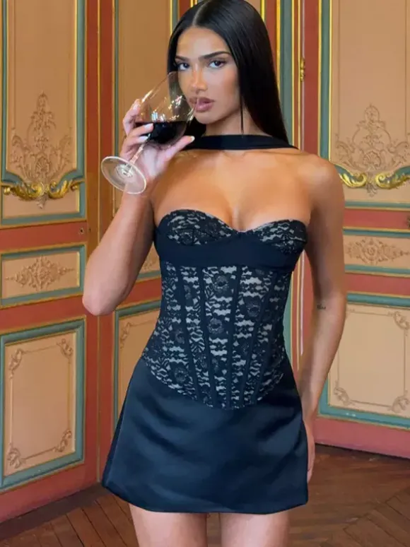 Halter Choker Sweetheart Lace Corset Top Sheer Mesh Boned Bustier Crop Top