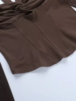 Halter Corset Top For Women - Brown Mesh Patchwork Long Sleeve Blouse - Spring Night Out Clubwear 2026