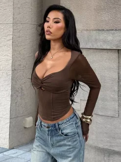 Halter Corset Top For Women - Brown Mesh Patchwork Long Sleeve Blouse - Spring Night Out Clubwear 2026