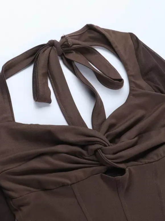 Halter Corset Top For Women - Brown Mesh Patchwork Long Sleeve Blouse - Spring Night Out Clubwear 2026