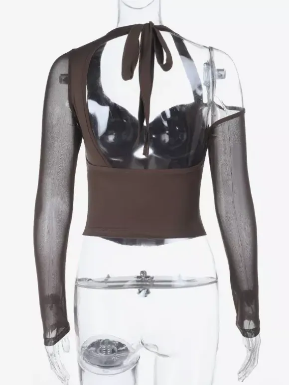 Halter Corset Top For Women - Brown Mesh Patchwork Long Sleeve Blouse - Spring Night Out Clubwear 2026