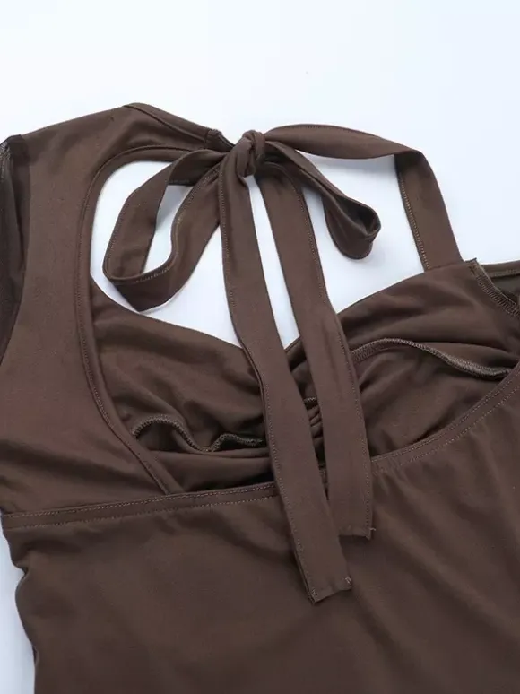 Halter Corset Top For Women - Brown Mesh Patchwork Long Sleeve Blouse - Spring Night Out Clubwear 2026