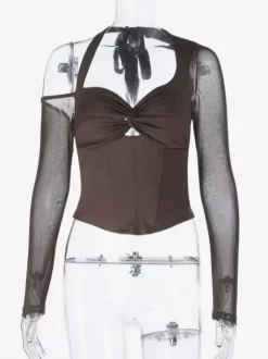 Halter Corset Top For Women - Brown Mesh Patchwork Long Sleeve Blouse - Spring Night Out Clubwear 2026