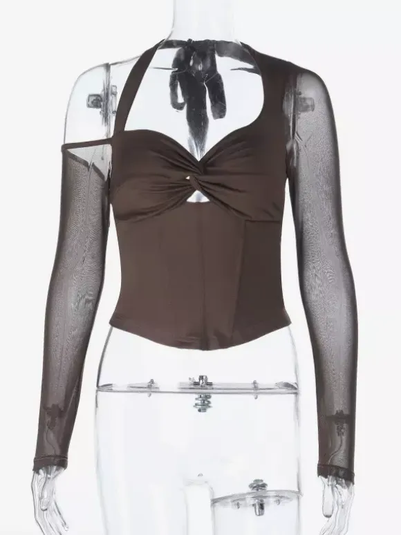 Halter Corset Top For Women - Brown Mesh Patchwork Long Sleeve Blouse - Spring Night Out Clubwear 2026