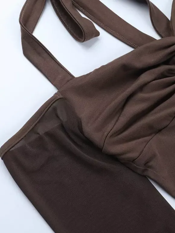 Halter Corset Top For Women - Brown Mesh Patchwork Long Sleeve Blouse - Spring Night Out Clubwear 2026