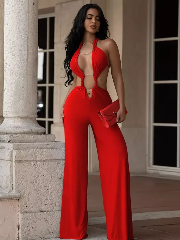Halter Cutout Backless Wide Leg Jumpsuit For Party Club
