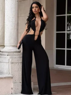 Halter Cutout Backless Wide Leg Jumpsuit For Party Club