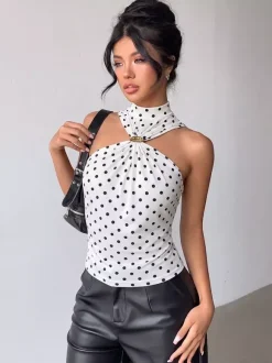 Halter Cutout Polka Dot Sleeveless Slim Cami Top