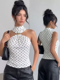Halter Cutout Polka Dot Sleeveless Slim Cami Top