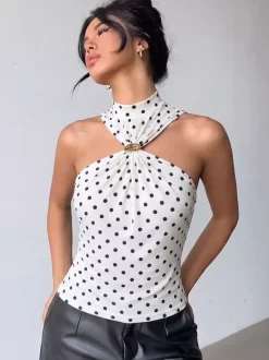 Halter Cutout Polka Dot Sleeveless Slim Cami Top