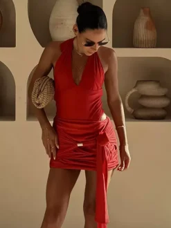 Halter Deep V 2 Piece Outfit Ruched Mini Skirt Set Back Tie Cutout Waist Club Set