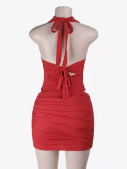 Halter Deep V 2 Piece Outfit Ruched Mini Skirt Set Back Tie Cutout Waist Club Set