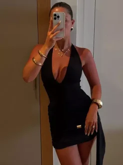 Halter Deep V 2 Piece Outfit Ruched Mini Skirt Set Back Tie Cutout Waist Club Set