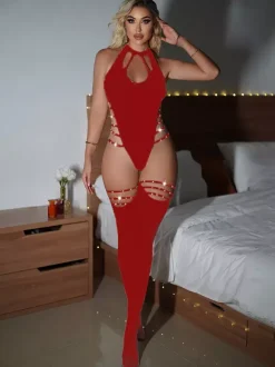 Halter Fishnet Bodysuit Side Cutout Straps See Through Mesh Lingerie Catsuit