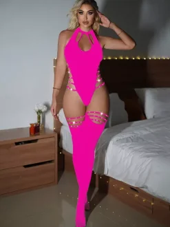 Halter Fishnet Bodysuit Side Cutout Straps See Through Mesh Lingerie Catsuit