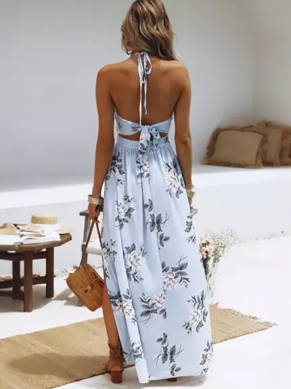 Halter Floral Chiffon Maxi Dress - Cutout Split Gown - Summer Beach Vacation 2026