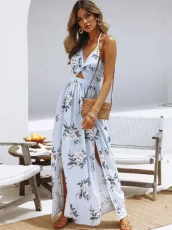 Halter Floral Chiffon Maxi Dress - Cutout Split Gown - Summer Beach Vacation 2026