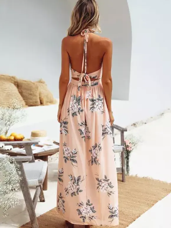 Halter Floral Chiffon Maxi Dress - Cutout Split Gown - Summer Beach Vacation 2026