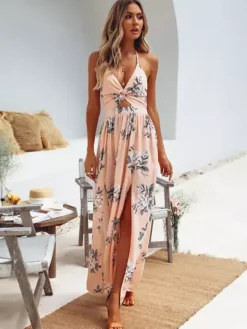 Halter Floral Chiffon Maxi Dress - Cutout Split Gown - Summer Beach Vacation 2026