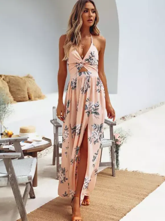Halter Floral Chiffon Maxi Dress - Cutout Split Gown - Summer Beach Vacation 2026