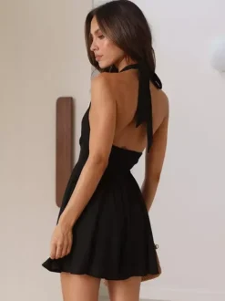 Halter Mini Skater Dress for Women - Cut Out Front Deep V Neck Backless Flowy Skort Sundress - Summer Beach Vacation 2026