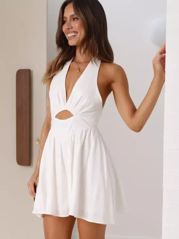 Halter Mini Skater Dress for Women - Cut Out Front Deep V Neck Backless Flowy Skort Sundress - Summer Beach Vacation 2026