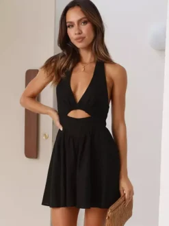 Halter Mini Skater Dress for Women - Cut Out Front Deep V Neck Backless Flowy Skort Sundress - Summer Beach Vacation 2026