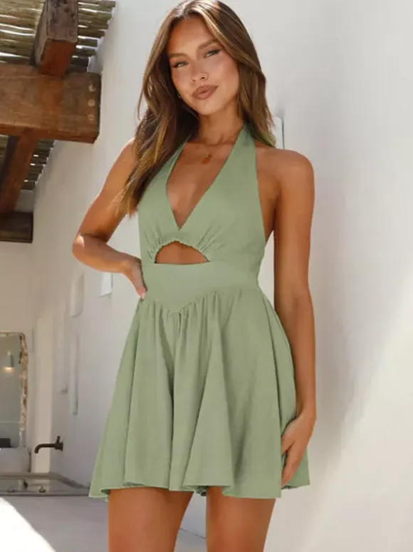 Halter Mini Skater Dress for Women - Cut Out Front Deep V Neck Backless Flowy Skort Sundress - Summer Beach Vacation 2026