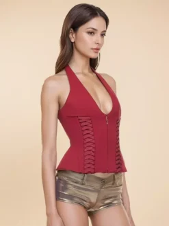 Halterneck Corset Top With Zipper And Back Lace-up Detail For Night Club 2026