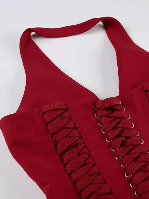Halterneck Corset Top With Zipper And Back Lace-up Detail For Night Club 2026