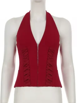 Halterneck Corset Top With Zipper And Back Lace-up Detail For Night Club 2026