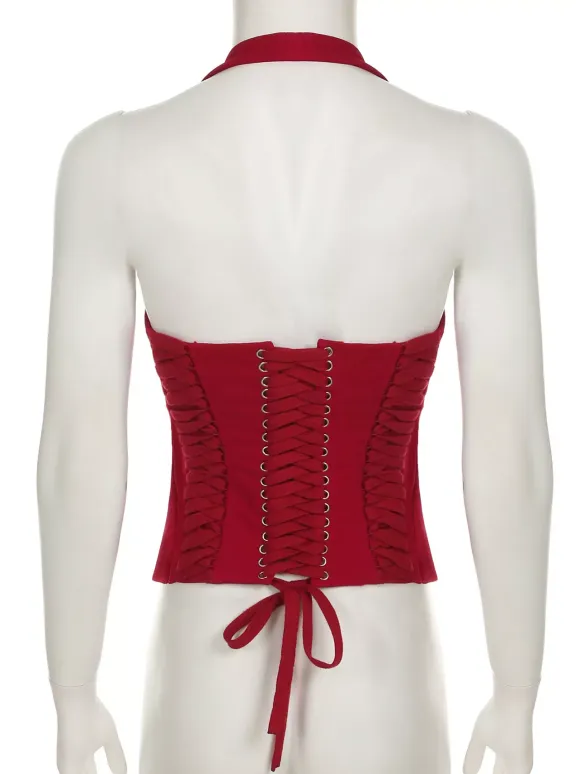 Halterneck Corset Top With Zipper And Back Lace-up Detail For Night Club 2026