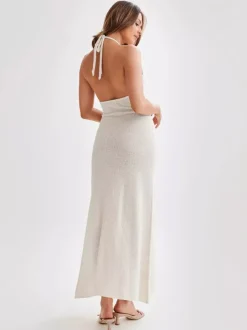 Halter Neck Backless Maxi Dress for Women - Slim Fit High Slit Long Dress with Floral Rosette - Summer Beach Vacation 2026