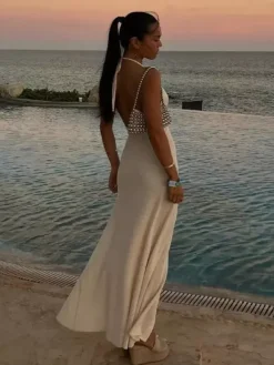 Halter Neck Backless Maxi Dress for Women - Slim Fit High Slit Long Dress with Floral Rosette - Summer Beach Vacation 2026