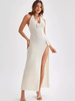 Halter Neck Backless Maxi Dress for Women - Slim Fit High Slit Long Dress with Floral Rosette - Summer Beach Vacation 2026