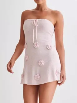 Halter Neck Knitted Mini Dress for Women - Pink 3D Flower Sleeveless Bodycon Short Dress - Summer Beach Party 2026