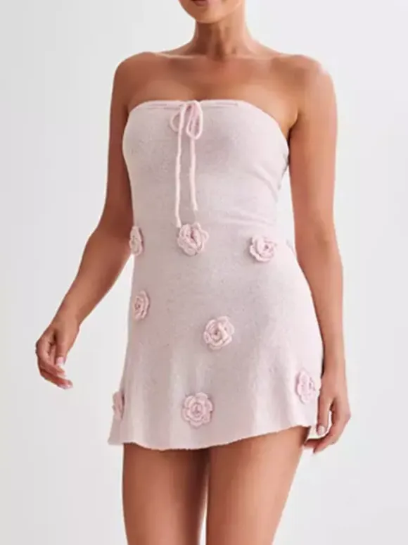Halter Neck Knitted Mini Dress for Women - Pink 3D Flower Sleeveless Bodycon Short Dress - Summer Beach Party 2026