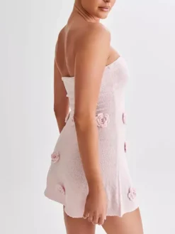 Halter Neck Knitted Mini Dress for Women - Pink 3D Flower Sleeveless Bodycon Short Dress - Summer Beach Party 2026