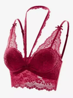 Halter Neck Lace Bra Sheer Bralette With Deep V & Scalloped Trim
